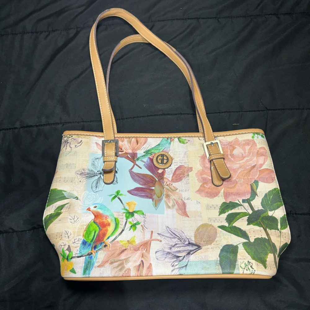Vintage GIANI BERNINI Colorful Tropical Flower Parrot Print‎ Tote Handbag